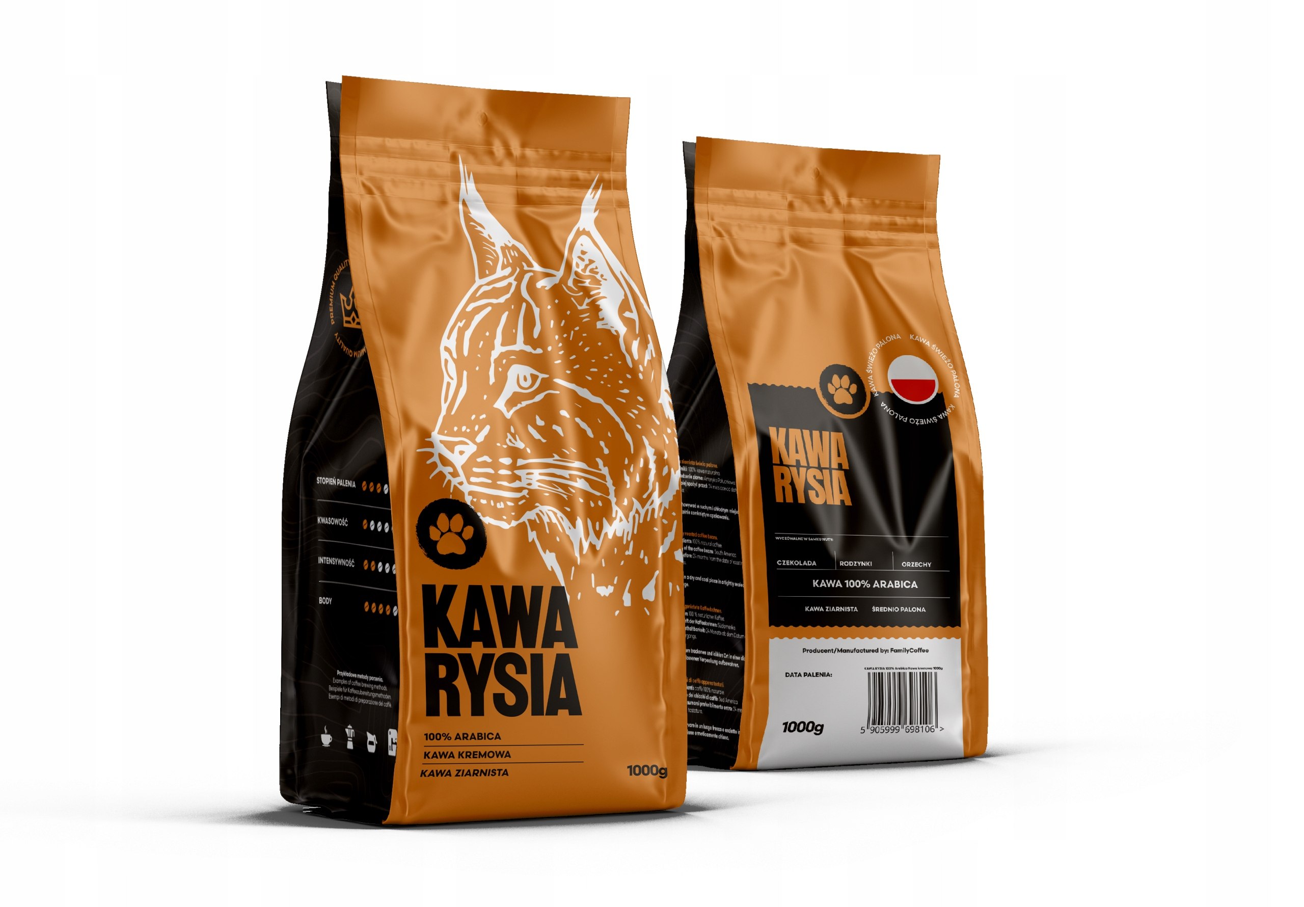 Kawa ziarnista Arabica - świeżo palona - Kawa RYSIA - kawa kremowa Waga 1000 g